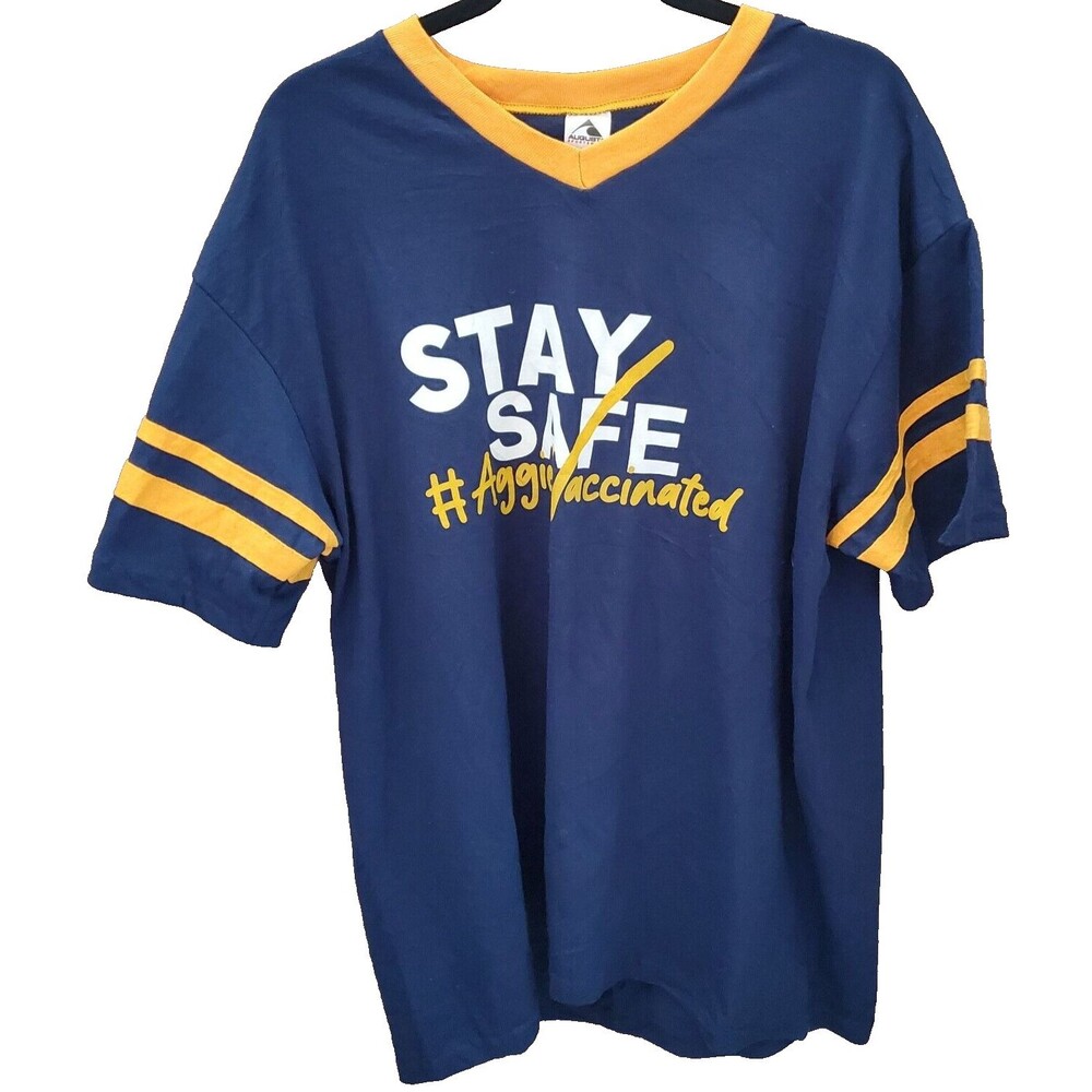 Stay Safe Aggie Vaccinated T-Shirt XL Blue Yellow V-Neck Short Sleeve Tee Top